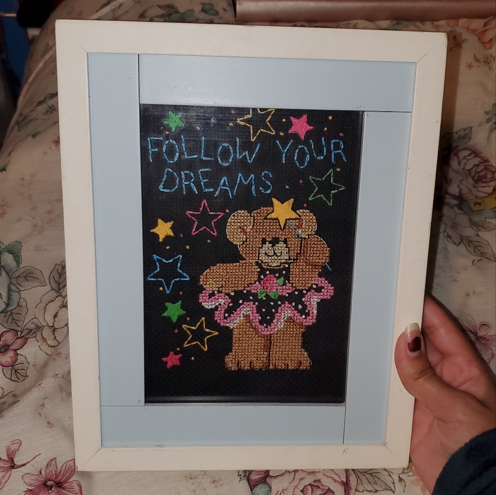 *SOLD* 💸 5 for $20 | "Follow Your Dreams" Teddy Bear Cross Stitch Framed Decor - Picture 1 of 7